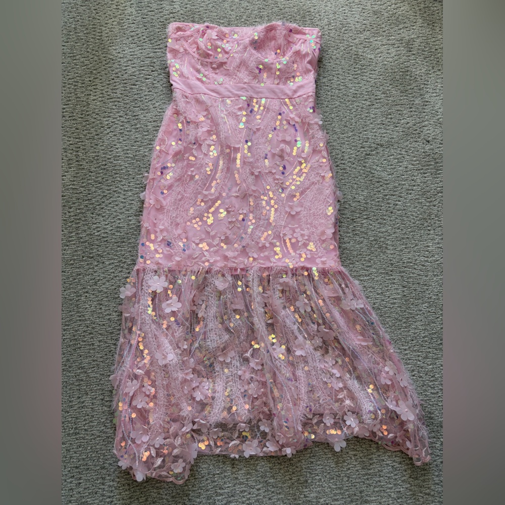 Hello Molly Pink Strapless Floral Sequins Midi Dress